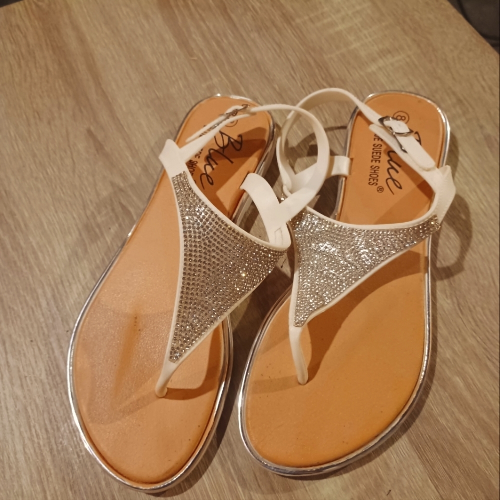 Blue suede shoe rhinestone studded sandals